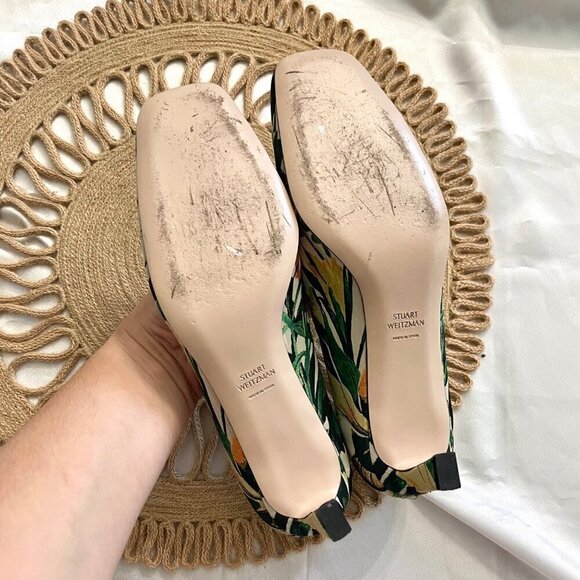 Stuart Weitzman Tropical Botanical Square Toe Green Multicolor Kitten Heels 7.5 - Picture 5 of 11